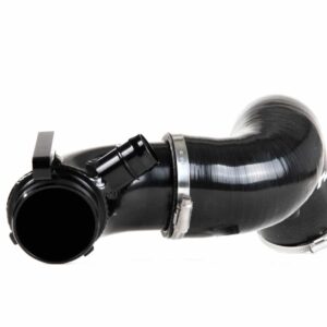 Black flexible automotive air intake hose with metal clamps on a white background