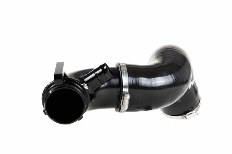 Black flexible automotive air intake hose with metal clamps on a white background