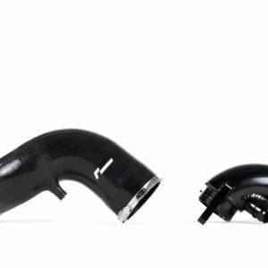 Two black curved automotive air intake ducts with metal clamps on a white background.