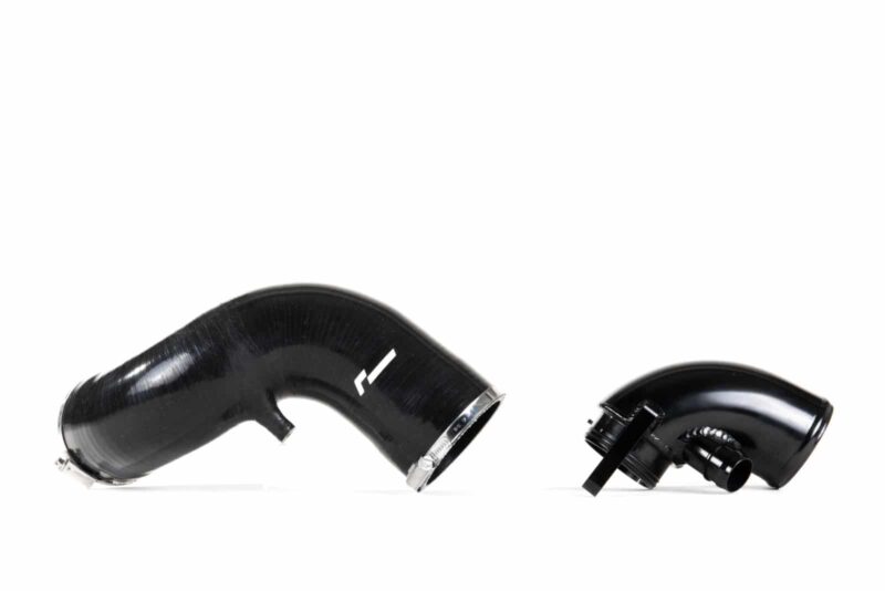 Two black curved automotive air intake ducts with metal clamps on a white background.