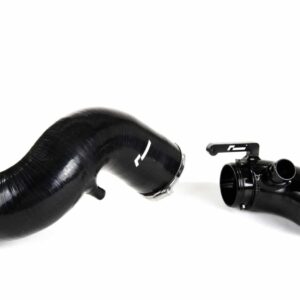 Two black automotive intake hoses with metal clamps, curved elbow on a white background