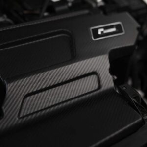 Close-up of a carbon-fiber engine cover with a small rectangular badge and visible bolts in a dark automotive engine bay.