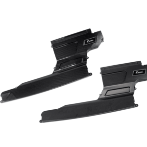 Set of black carbon-fiber automotive body panels angled diagonally on a white background, showing glossy weave and mounting points