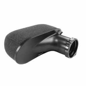 Close-up of a black handheld microphone with a textured foam windscreen. This image shows the mic body and connector end close-up.