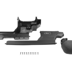 Disassembled vehicle interior trim parts: dash panels, center console piece, and a foam-covered microphone with screws laid out nearby