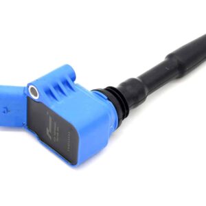 Blue automotive ignition coil with a black boot, shown at an angle