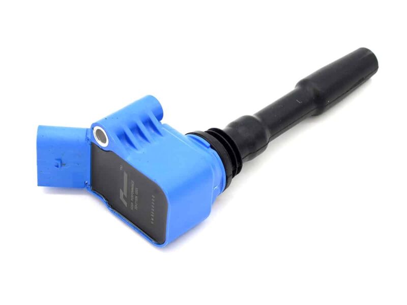 Blue automotive ignition coil with a black boot, shown at an angle