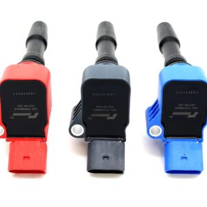 Three color-coded automotive fuel injectors (red, gray, blue) lined up on a white background.