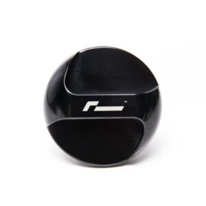 Black glossy spherical object with two curved cutouts and a white logo on the side, placed on a white background.