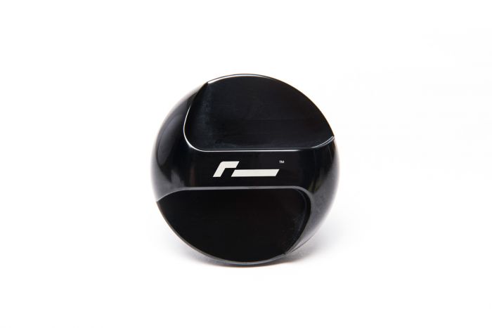 racingline-brake-fluid-cap-vwr19g707-1jpg - OPSHOLDERS Black glossy spherical object with two curved cutouts and a white logo on the side, placed on a white background.