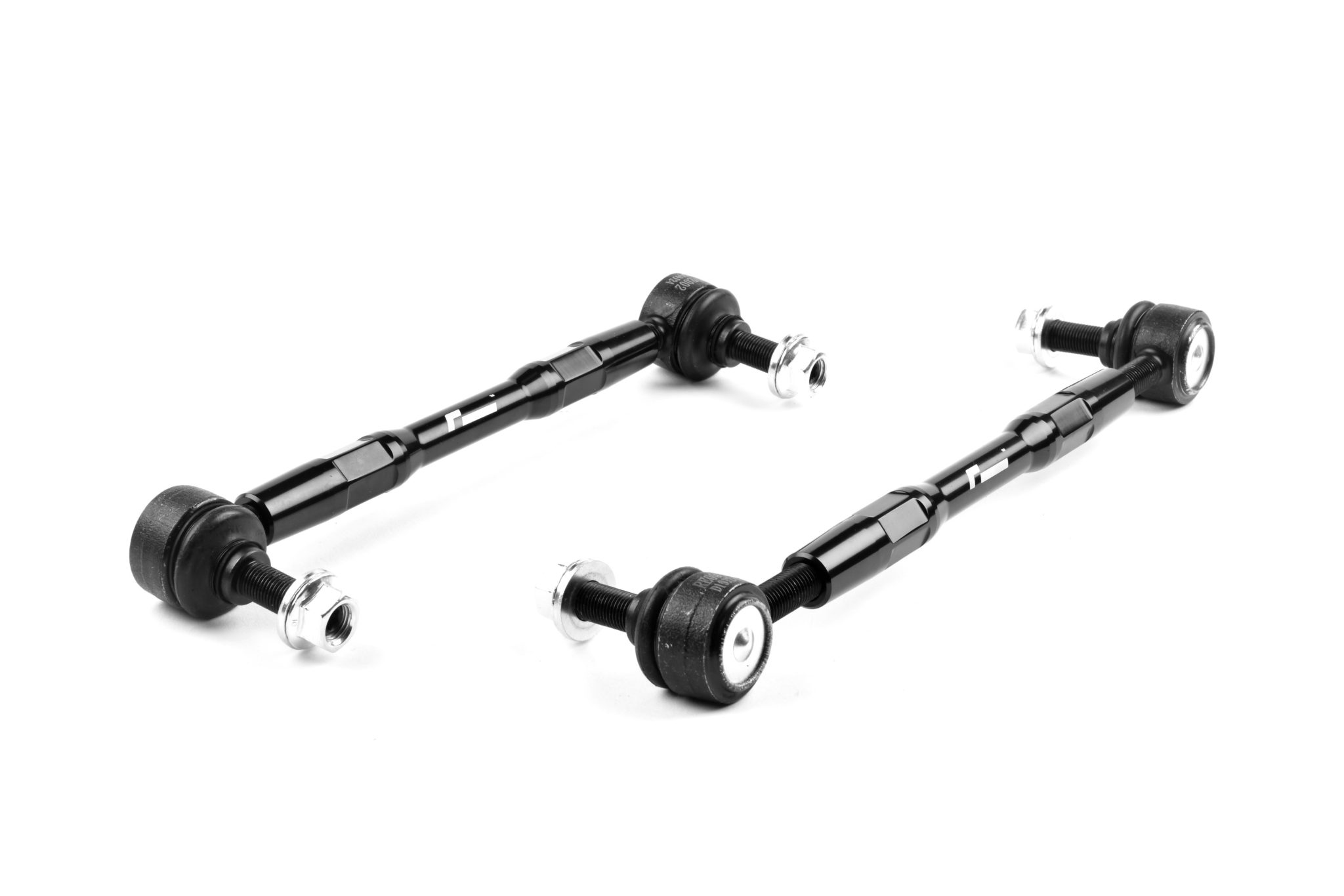 racingline-droplinks_49460230681_o-scaled-2jpg - OPSHOLDERS Pair of black metal bike linkage rods with ball joints and mounting hardware on a white surface.