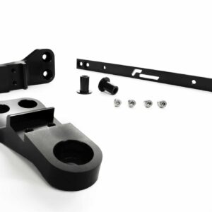 racingline-front-subframe-brace-12_51826343259_o-scaled-2jpg - OPSHOLDERS Assorted black metal hardware parts laid out on a white background, including a curved bracket, a perforated strip, bushings, and screws.