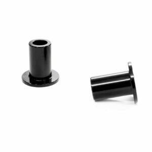 racingline-front-subframe-brace-13_51826108363_o-scaled-2jpg - OPSHOLDERS Two black metal cylindrical components on a white background; one upright with a hollow top and circular base, the other tilted to the side with a flange at its end.