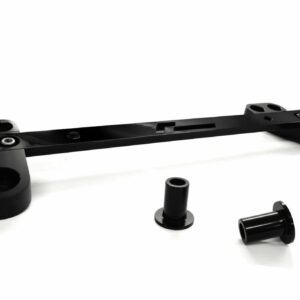 Black metal frame pieces with circular holes and cylindrical connectors spread on a white surface.