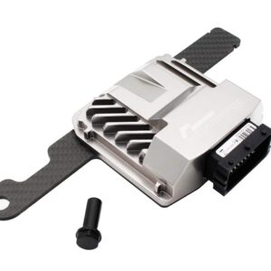 Automotive engine control unit (ECU) with a carbon fiber mounting strap and a separate mounting bolt.