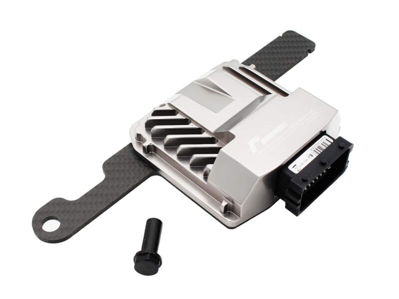 Automotive engine control unit (ECU) with a carbon fiber mounting strap and a separate mounting bolt.