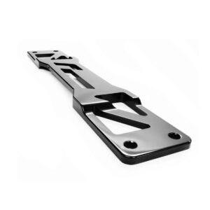 Shiny stainless steel surgical retractor with slotted design, held at an angle to show its forks and holes.