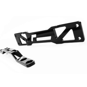 Glossy black metal mounting bracket with geometric cutouts and two circular holes on the end, set against a white background.