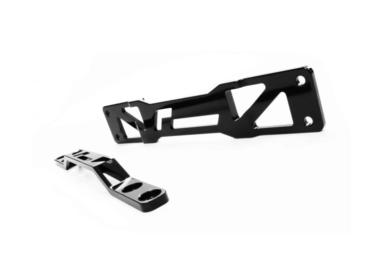 Glossy black metal mounting bracket with geometric cutouts and two circular holes on the end, set against a white background.