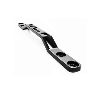Metal surgical plate with multiple circular screw holes arranged along a narrow bar, angled against a white background.