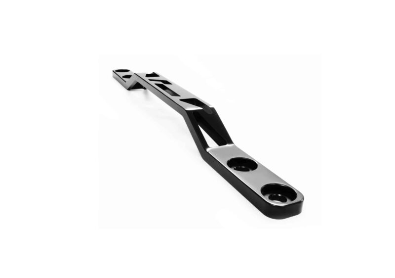 Metal surgical plate with multiple circular screw holes arranged along a narrow bar, angled against a white background.