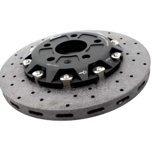 High-performance brake rotor with a black caliper mounted on top, showing vented grey disc and fasteners.
