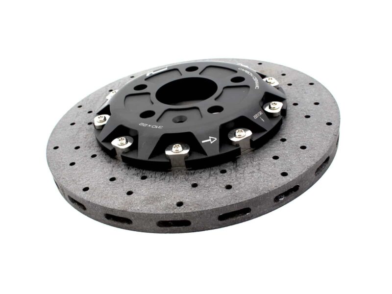 High-performance brake rotor with a black caliper mounted on top, showing vented grey disc and fasteners.