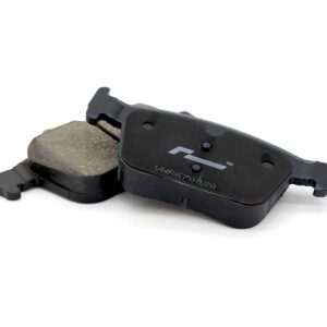 Pair of black disc brake pads with worn friction material on a white background, showing the pads' backing plates on a bicycle brake set