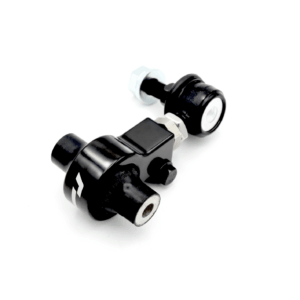 Close-up of a black metal valve fitting or connector with a silver hex nut, set against a white background.