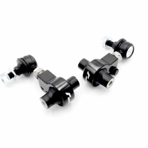 Black metal hydraulic/pneumatic fittings with bolts on a white background, arranged diagonally