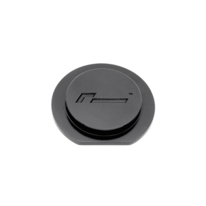 Gray circular control knob with a raised center and a black ring, featuring a stylized logo on top.
