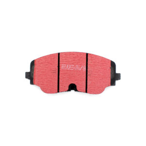 Close-up of a red brake pad with black edges, viewed from the front.