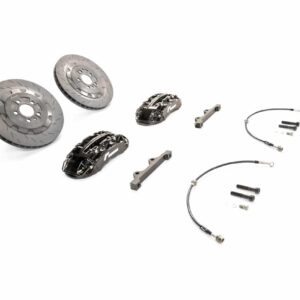 Disassembled motorcycle brake kit with two vented rotors, calipers, pads, brackets, and hydraulic lines on white background.