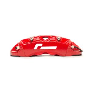 Red automotive brake caliper shown in side view with a white logo, isolated on a white background.