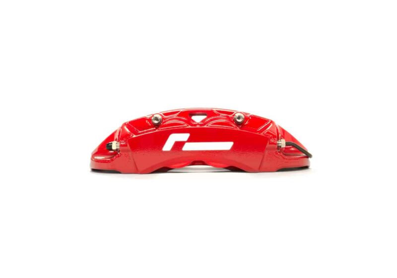 Red automotive brake caliper shown in side view with a white logo, isolated on a white background.