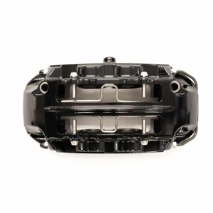 Black car brake caliper seen from above, with pistons and mounting hardware visible on a white background.