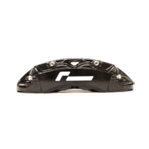 Black glossy bicycle brake caliper shown in side profile with visible mounting bolts and a white logo on the body.