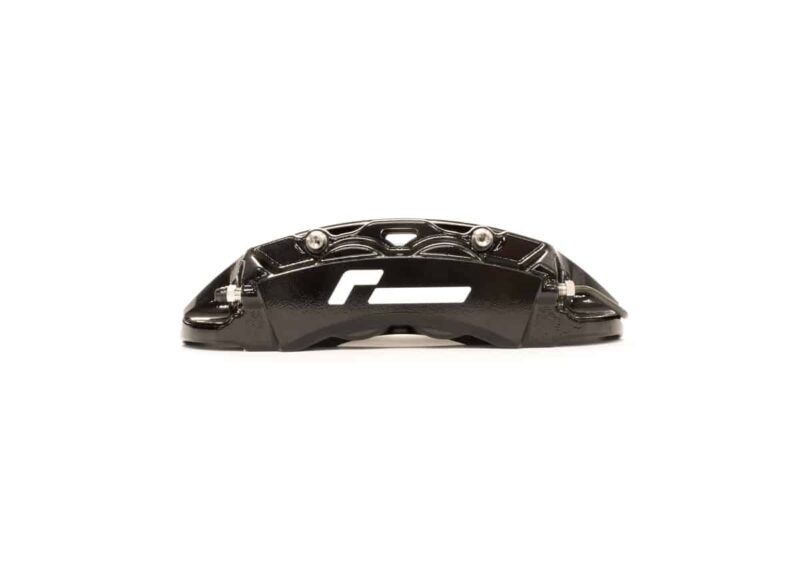 Black glossy bicycle brake caliper shown in side profile with visible mounting bolts and a white logo on the body.