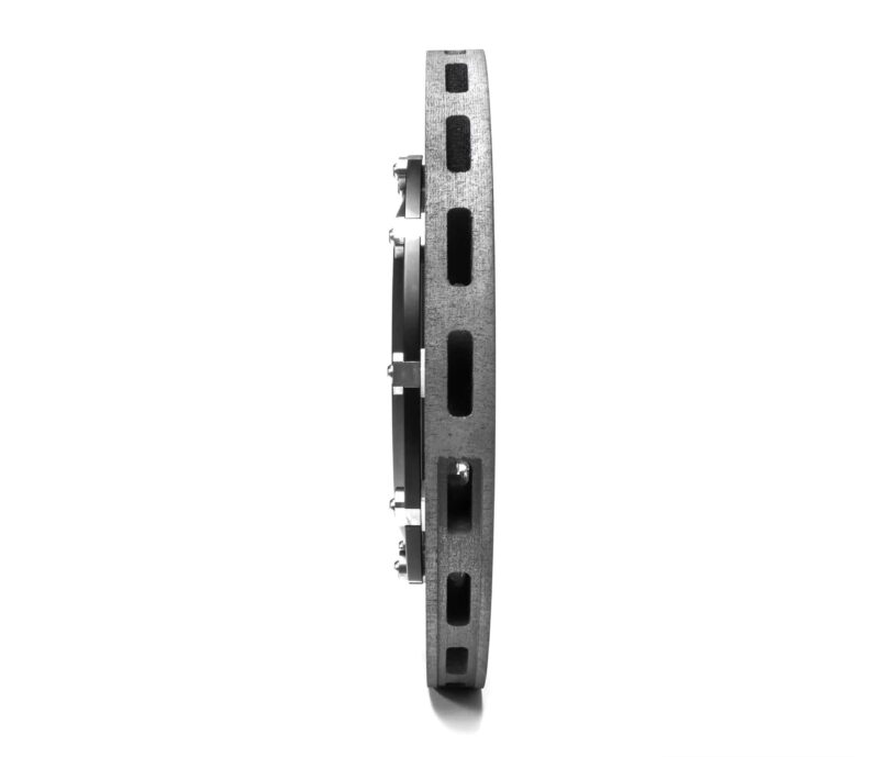 stage-3-ccm-brake-kit_50585982668_o-scaled-2jpg - OPSHOLDERS Vertical metal slotted rail with evenly spaced rectangular holes and a small bracket attached to its left side.