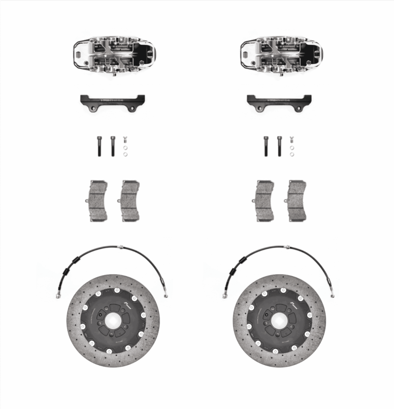 stage-3-ccm-brake-kit_50586843437_o-1png - OPSHOLDERS Pair of automotive brake components: caliper assembly, pads, bolts and hardware shown side by side for two configurations