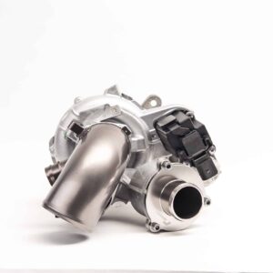 Close-up of a silver automotive engine component against a white background, showing bolts and black connectors.