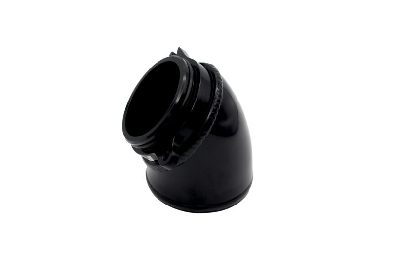 Black over-ear headphones on a curved display stand, side view with braided cable.