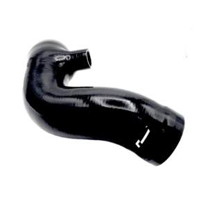 Close-up of a glossy black curved plastic elbow with an open end and a white logo visible on the surface.