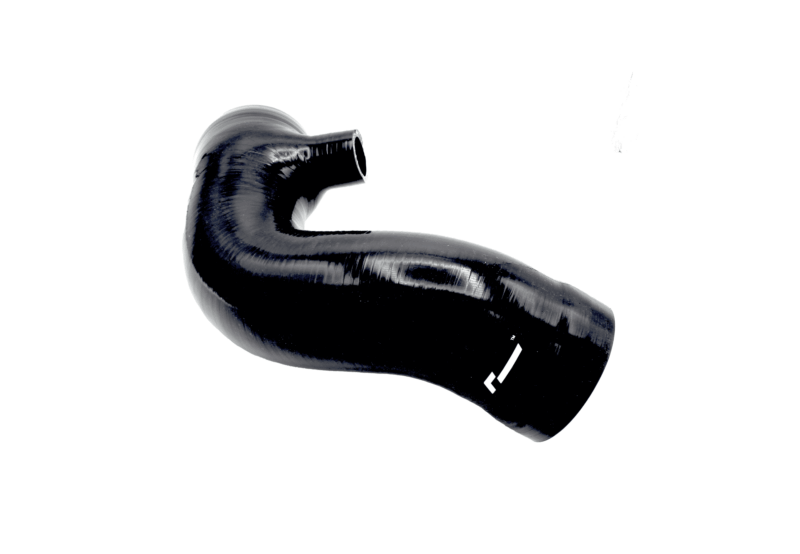 Close-up of a glossy black curved plastic elbow with an open end and a white logo visible on the surface.
