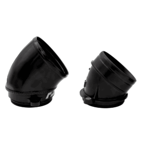 Two black camera lens hoods resting on a white background