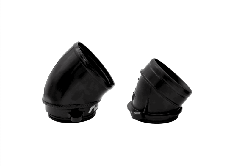 Two black camera lens hoods resting on a white background