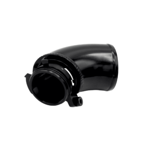 Close-up of a large black camera lens with a hood, angled against a white background