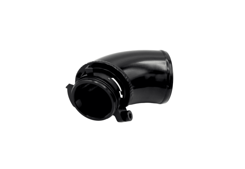 Close-up of a large black camera lens with a hood, angled against a white background