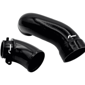 Two black curved silicone hoses with white logos, likely automotive engine intake/intercooler tubes.