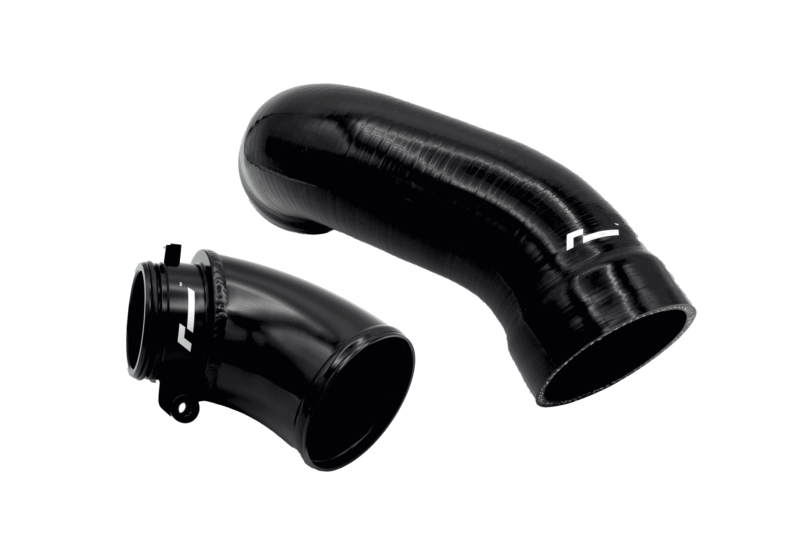 Two black curved silicone hoses with white logos, likely automotive engine intake/intercooler tubes.